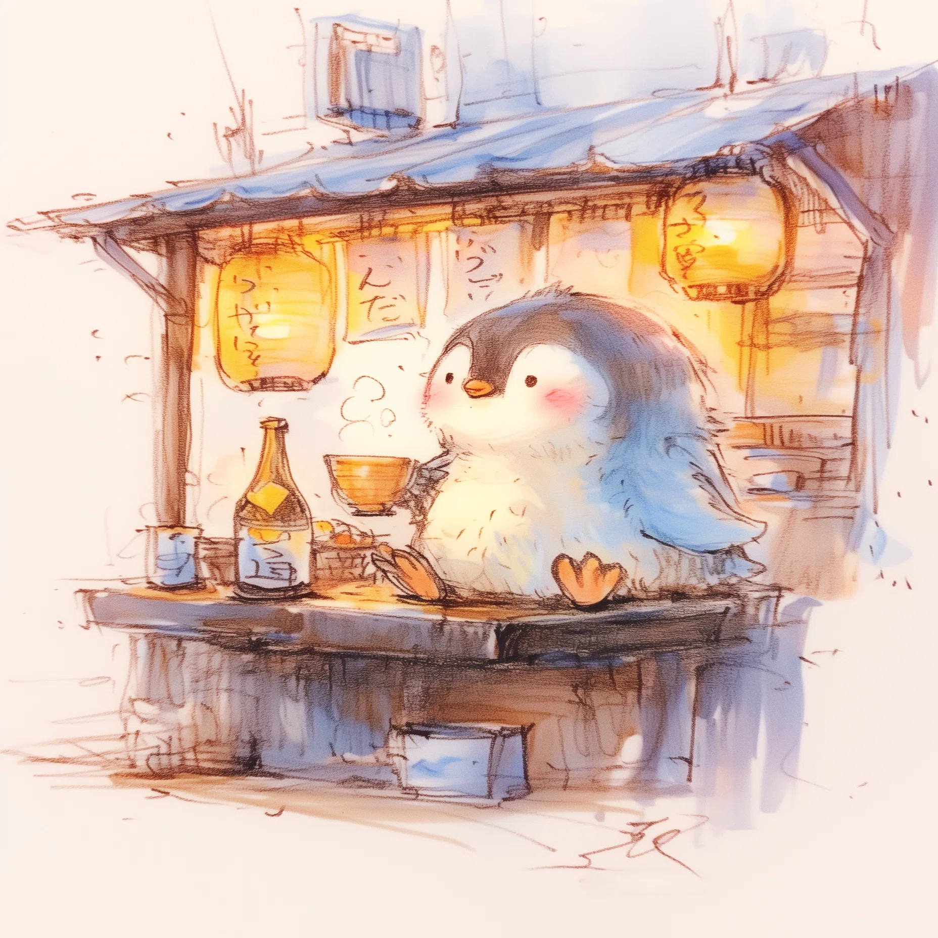 nijijourneyで描く、酔っぱらいペンギンの、ほっこり夜ごはん。 #AI