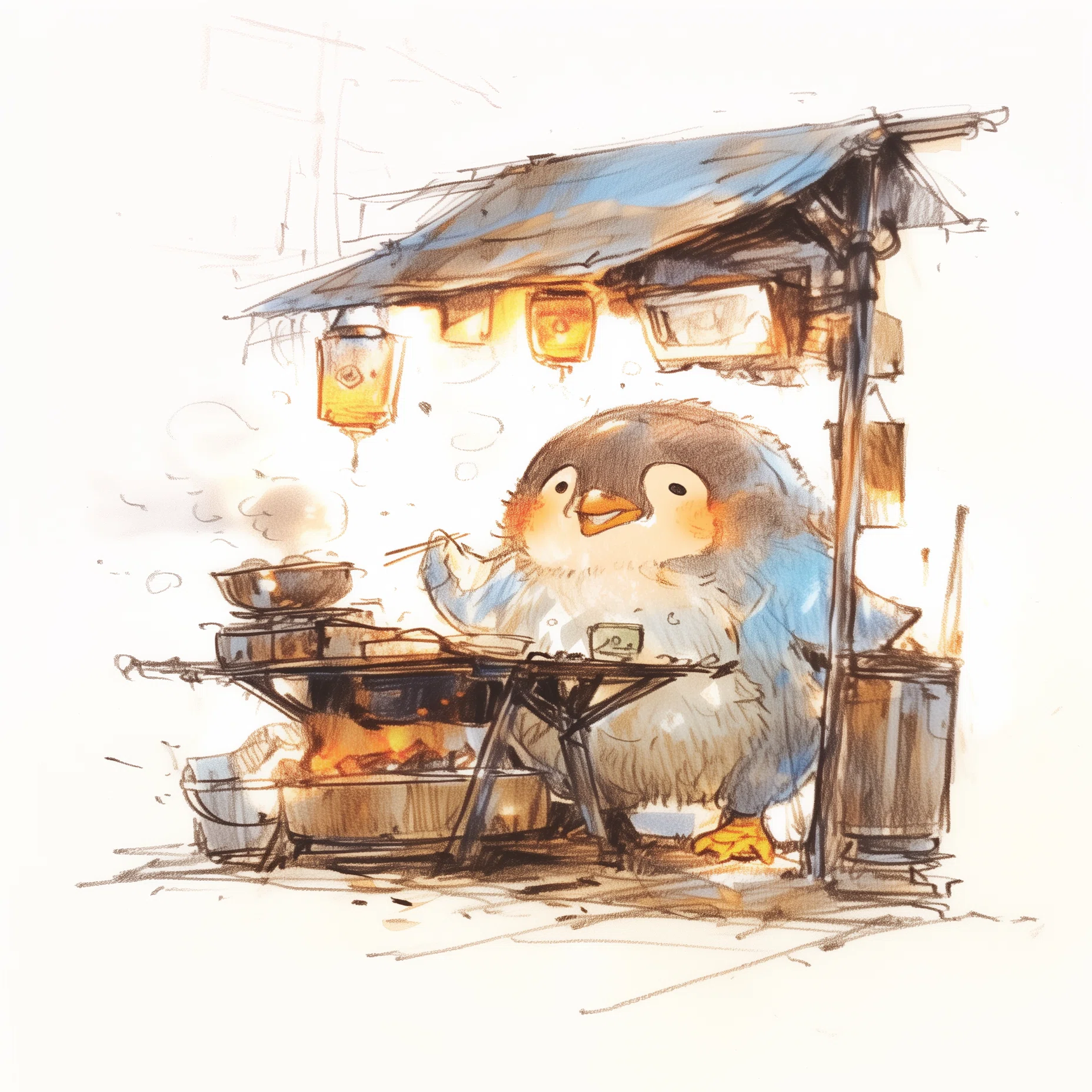 【50sビンテージ】ペンギン イラスト バンブー風フレーム ミッドセンチュリー nijijourneyで描く、酔っぱらいペンギンの、ほっこり夜ごはん。 #AI