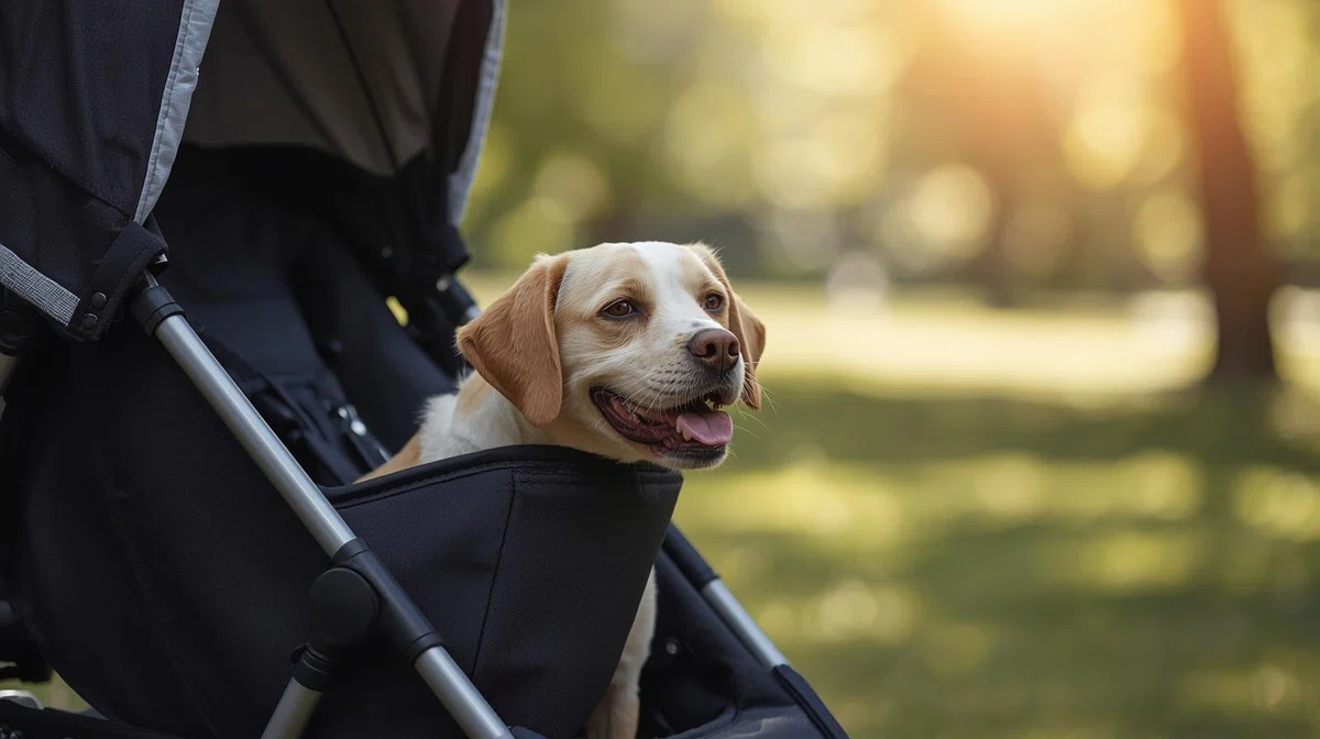 介護用カートから顔を出す中型犬の様子