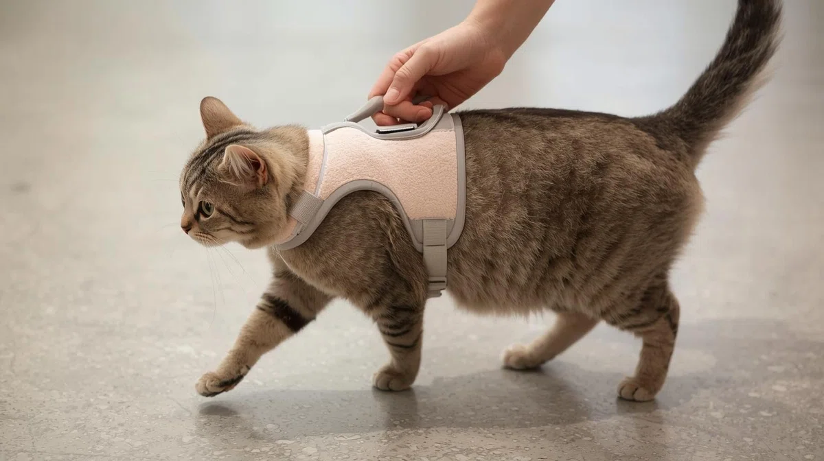 介護用ハーネスを付けられる猫の様子