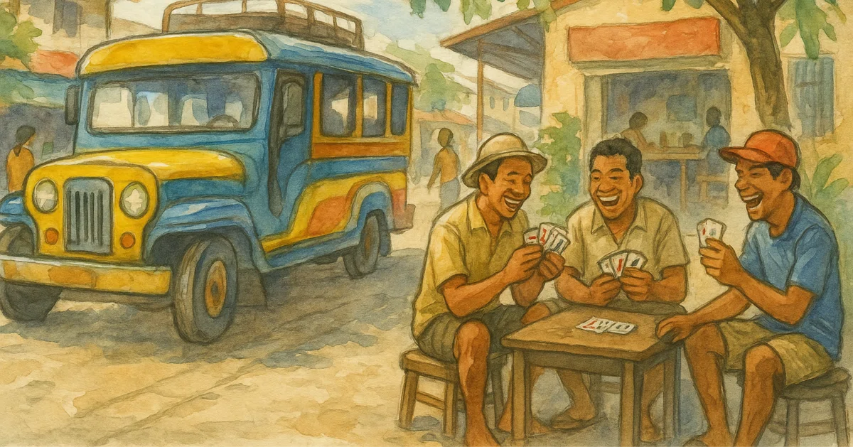 南国の町角。カラフルなジプニー(乗合バス)のそばで、運転手たちが木陰に腰を下ろし、笑い声を上げながらトランプを楽しんでいる。午後の日差しに街の色がにじみ、のんびりとした時間が流れる。働く合間の休憩、というより、人生そのものを味わうようなひととき。