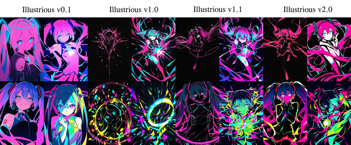 Illustrious-XLシリーズのサンプルイラスト。カラフルなアニメキャラクターの比較画像。