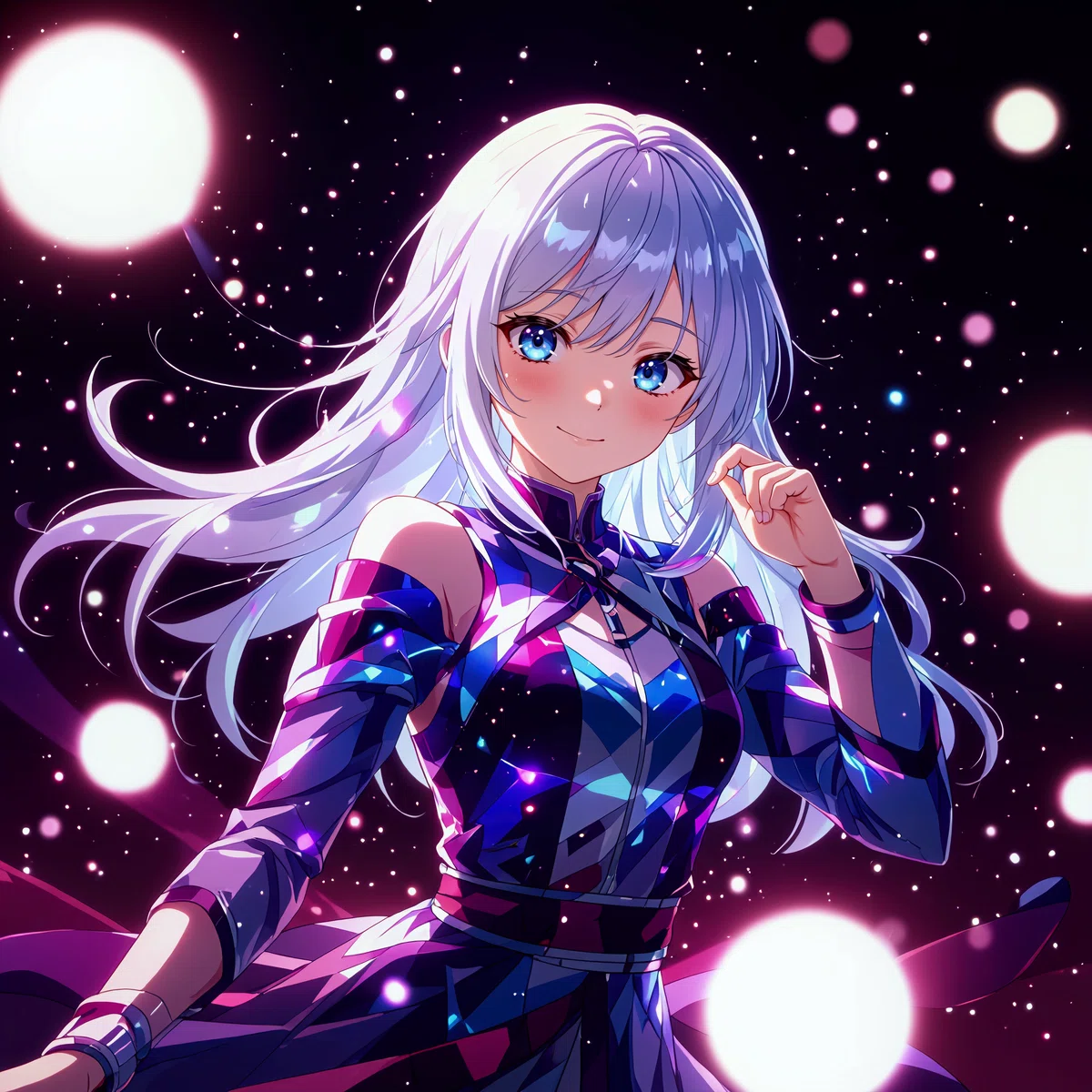 白髪のアニメ少女が宇宙のような背景で微笑むイラスト。輝く光と星が周囲を囲む。