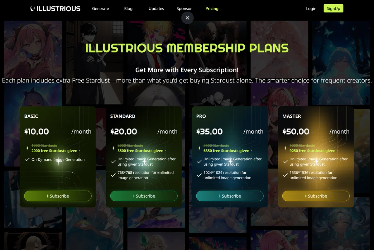 Illustrious-XLの料金プラン画面。月額プランとStardustクレジットを表示。