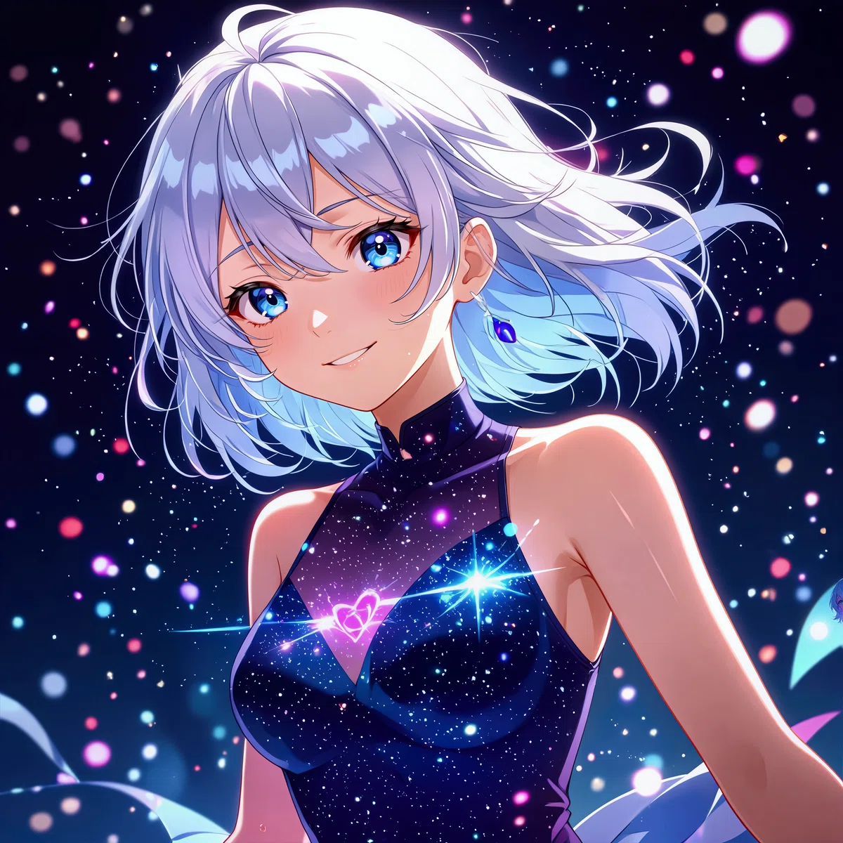 白髪のアニメ少女が宇宙背景で手を合わせるイラスト第三弾。紫の光輪が周囲に。