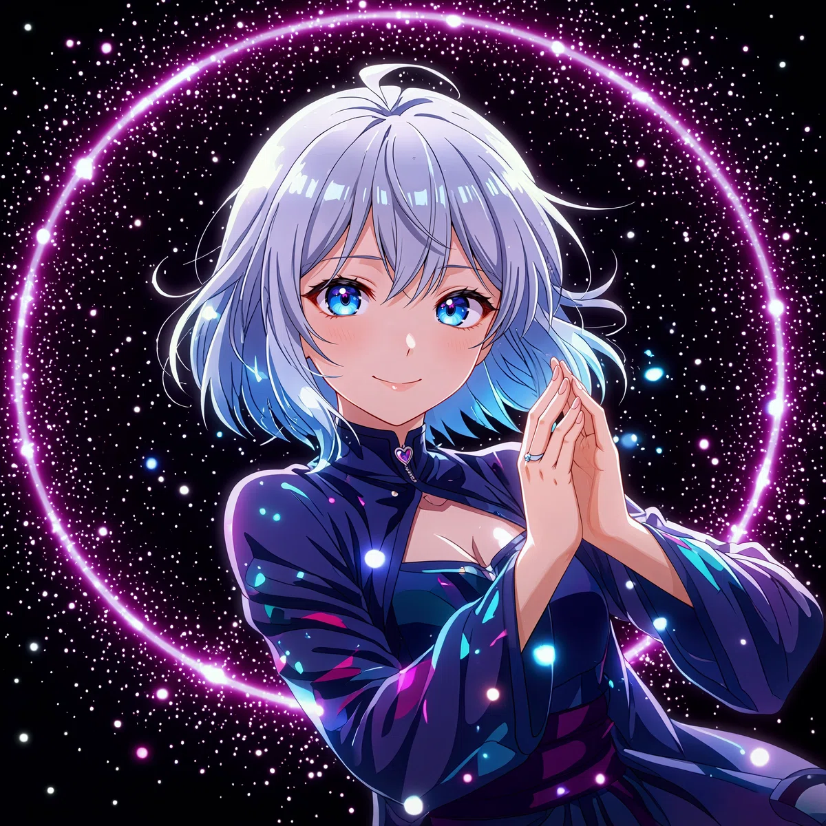 白髪のアニメ少女が星空で手を差し伸べるイラスト第四弾。胸に輝く結晶。