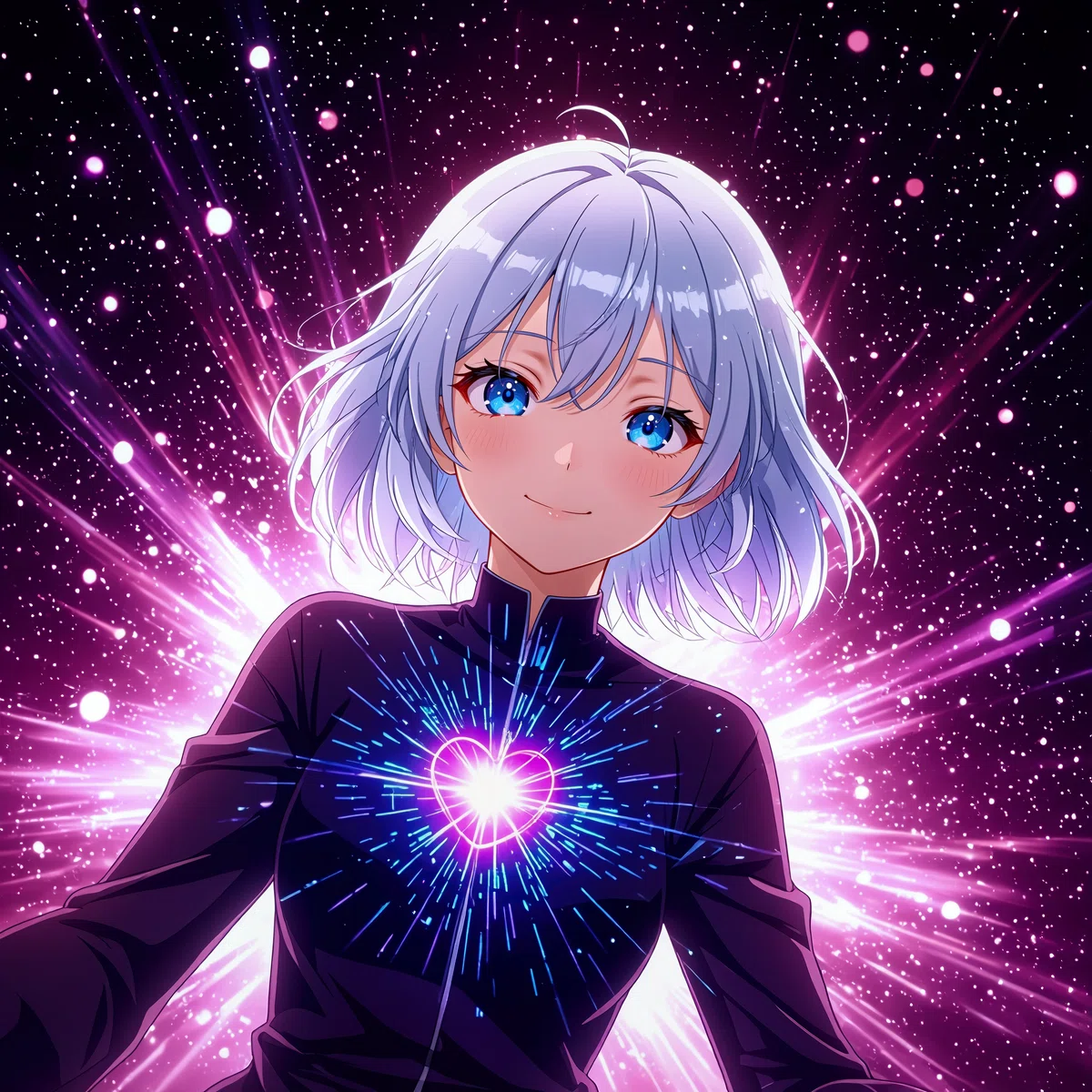 白髪のアニメ少女が宇宙で手を広げるイラスト第七弾。紫のドレスと光。