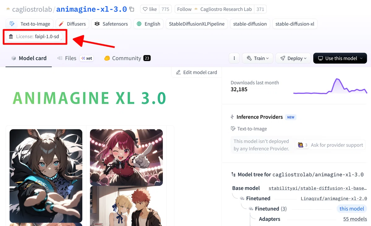 Hugging FaceのAnimagine-XL 3.0ページのスクリーンショット。ライセンスとモデル情報を表示。