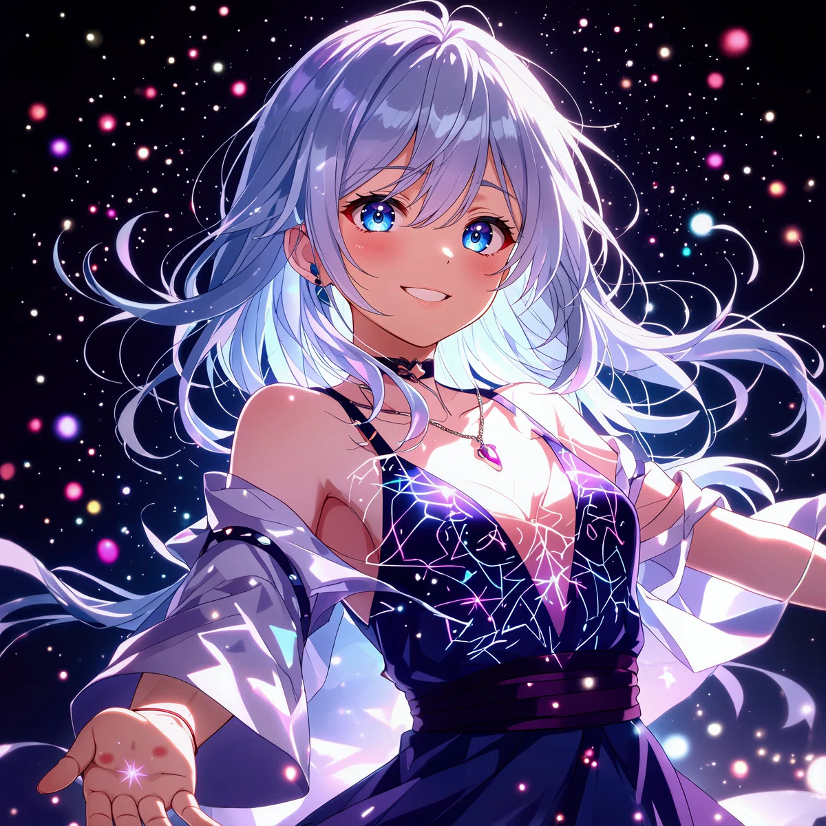 白髪のアニメ少女が宇宙背景で祈るポーズのイラスト第五弾。青い光が爆発。