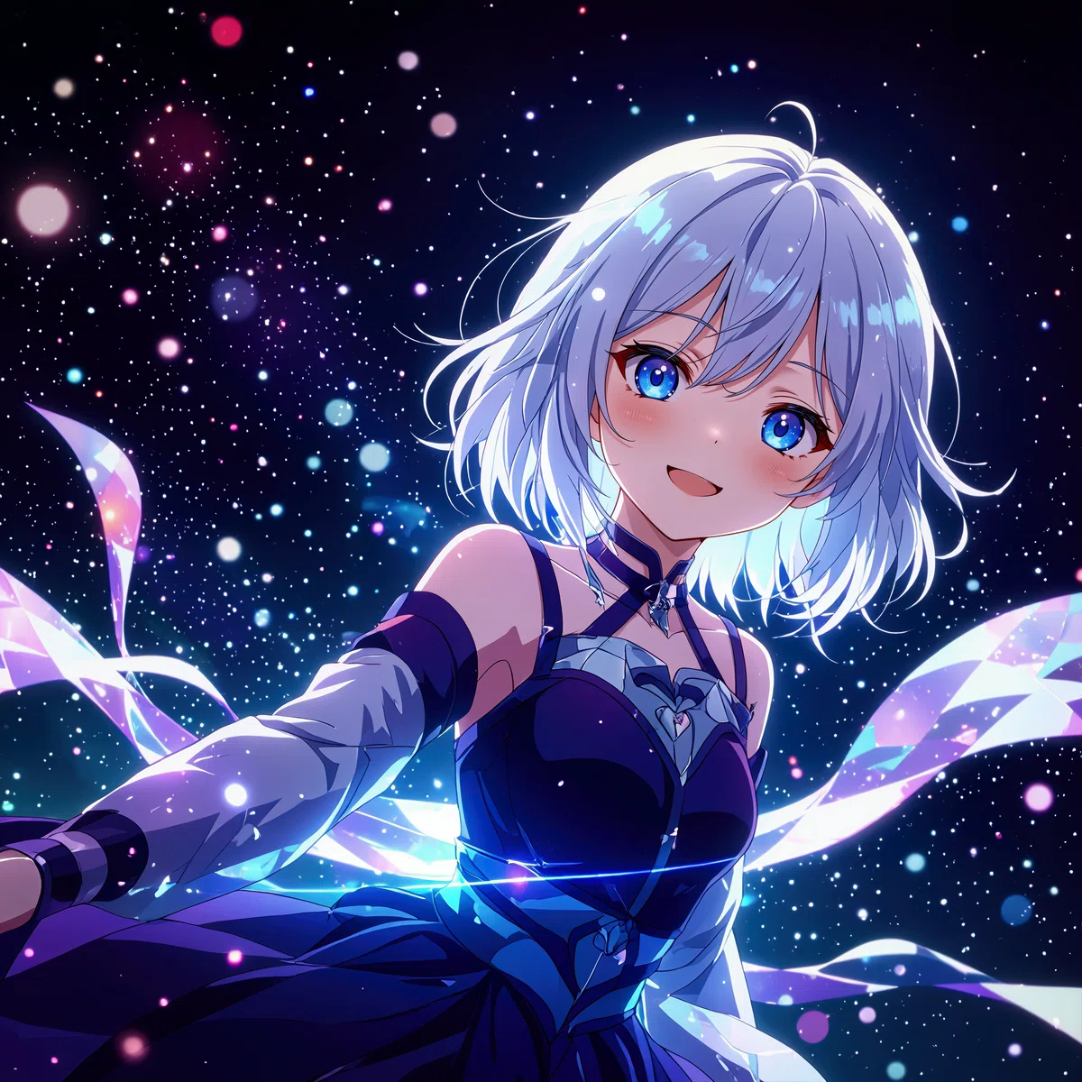 白髪のアニメ少女が星空で輝くイラスト第六弾。胸にハート爆発。