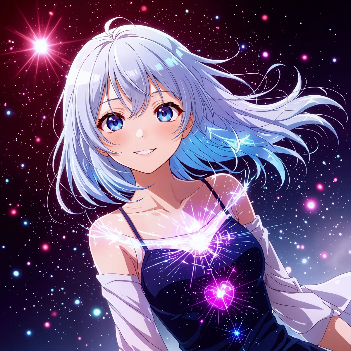 白髪のアニメ少女が星空背景で微笑むイラスト第二弾。心臓部に輝くハート。
