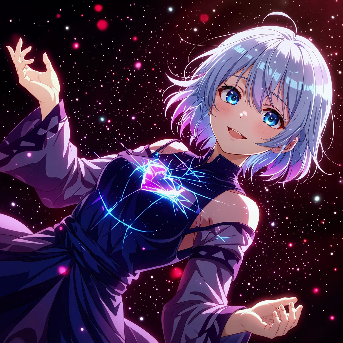 白髪のアニメ少女が星空背景で微笑むイラスト第八弾。ハートと光の効果。