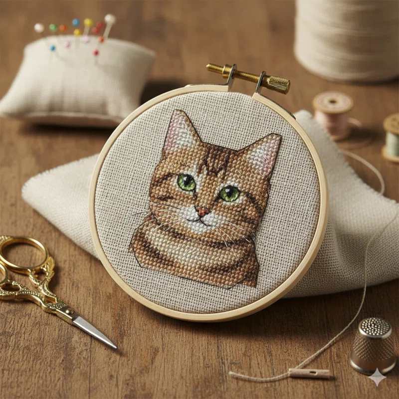 猫の刺繍作品 ChatGPTとGeminiで作成】 クロスステッチ風ネコ刺繍｜霧島 澪