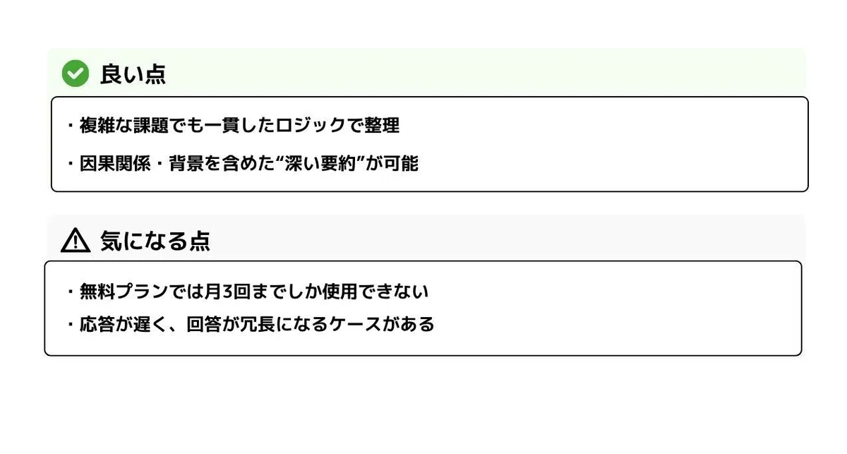 文字起こしされた内容は以下の通りです。

**良い点**

* 複雑な課題でも一貫したロジックで整理
* 因果関係・背景を含めた”深い要約”が可能

**気になる点**

* 無料プランでは月3回までしか使用できない
* 応答が遅く、回答が冗長になるケースがある