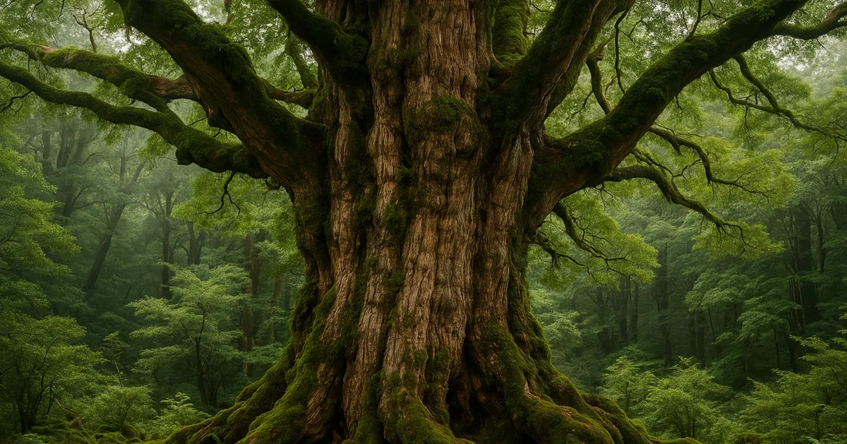 深い森の中にそびえる巨大な屋久杉。
太い幹には苔がびっしりと生え、枝が力強く広がっている。
やわらかな朝の光が差し込み、森全体が息づいているよう。