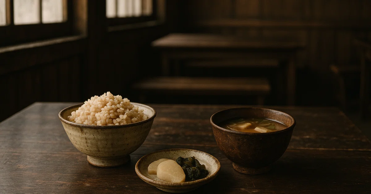 古い食堂の写真(明治〜昭和の雰囲気)
木の窓からやわらかい光が差し込む、古びた日本の食堂。
色のくすんだ陶器の茶碗に盛られた麦飯と味噌汁、漬物。
時代を感じる木の机と椅子、壁のメニュー札。
静かな空気の中に、あたたかな暮らしの気配が漂う。