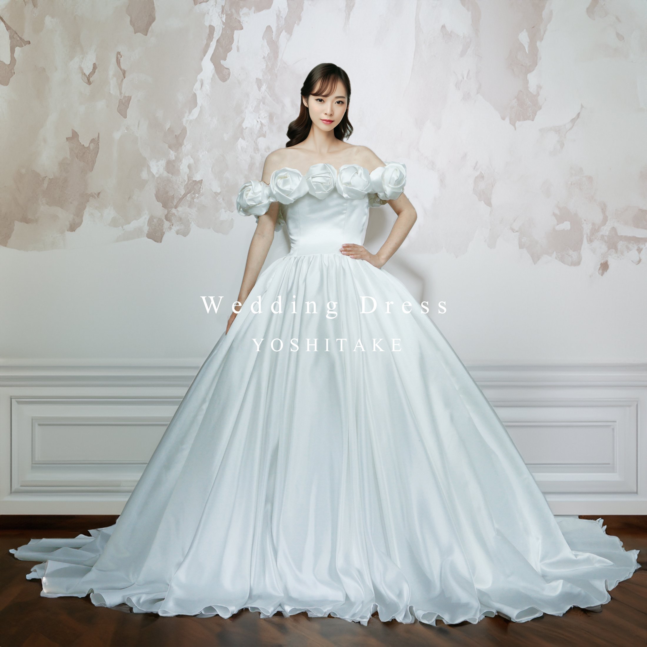 ウエディングドレス.白.サテン.オフショルダー.プリンセスライン
