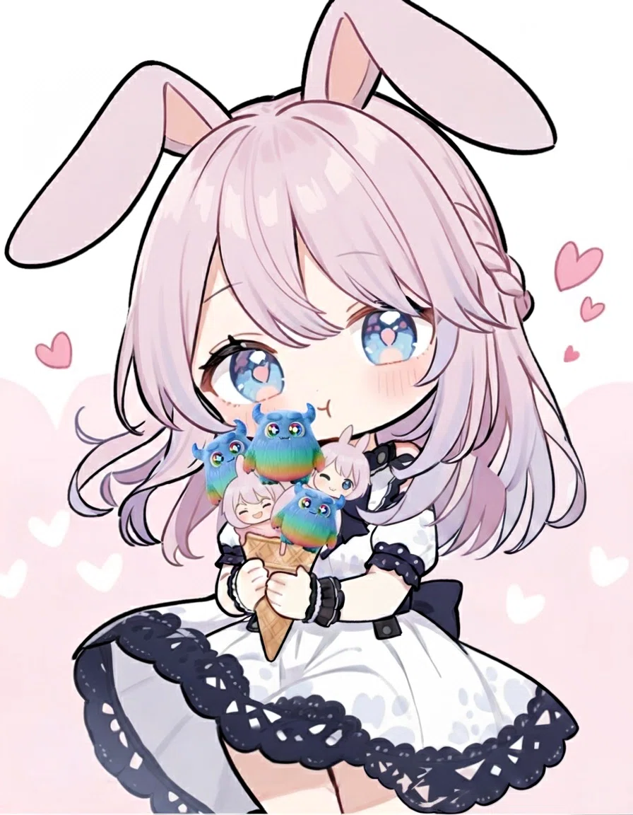 Koroちゃん（ウサギの耳をつけた、ピンク色の髪の女の子）が、かわいいKoroちゃんのちびキャラやモンスターの形をしたGeminiの公式キャラクター「もふもふ（仮）」が乗っているアイスクリームを持って美味しそうに食べている、ちびキャラ風のイラスト。背景にはハートが描かれています。