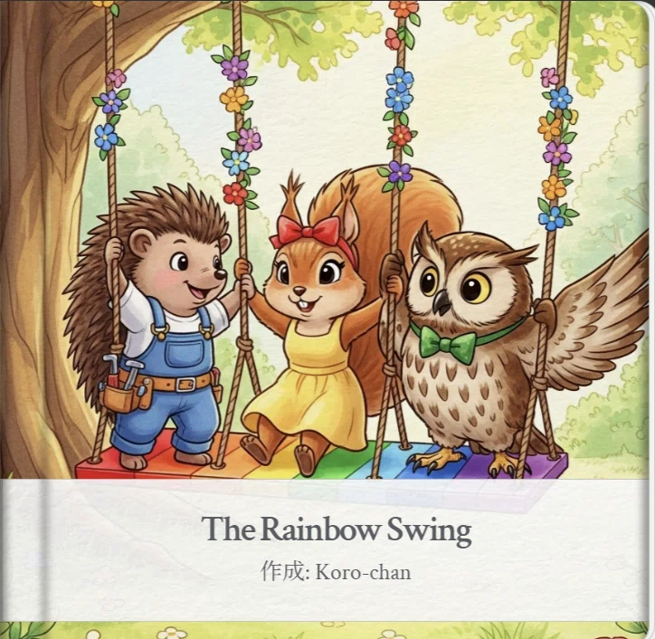 （英語版のStorybook表紙）
Google Gemini のStorybookで生成された英語版絵本「The Rainbow Swing」の表紙イラスト。ハリネズミやリス、フクロウなど異なる動物のキャラクターが協力して虹色のブランコを楽しむ様子を描き、多様性と協調のメッセージを伝える