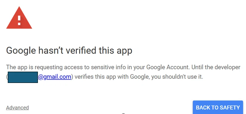 これは Google による「アプリの確認」がされていない場合に表示される警告画面です。

前の画面でご自身のアカウントを選択し、アクセスを承認しようとしたため、「このアプリ（ご自身が作成したApps Script）はGoogleの公式な審査を受けていませんが、信頼して続行しますか？」と確認されている状態です。

ブログ記事の文字起こしで解説されていた「まじん式プロンプト」の設定手順のうち、次に「Advanced」（画像左下のリンク）をクリックする場面に該当しますね。