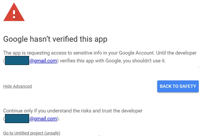 これは、前の画面（image_e38a15.png）で「Advanced」をクリックした後に表示される、Googleの警告画面です。

「このアプリ（Untitled project＝ご自身が作成中のApps Script）は安全だと信頼しますか？」と最終確認されている状態ですね。

ブログ記事の文字起こしで解説されていた「まじん式プロンプト」の設定手順のうち、次に一番下の「Go to Untitled project (unsafe)」をクリックする場面に該当します。
