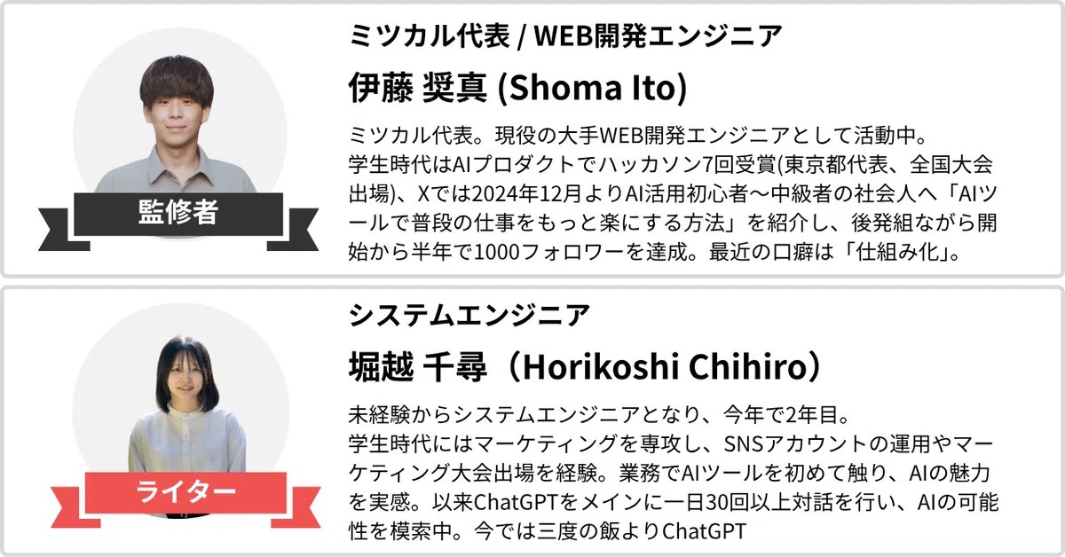 ミツカル代表 / WEB開発エンジニア
伊藤 奨真(Shoma Ito)
ミツカル代表。現役の大手WEB開発エンジニアとして活動中。
学生時代はAIプロダクトでハッカソン7回受賞(東京都代表、全国大会出場)、
Xでは2024年12月よりAI活用初心者〜中級者の社会人へ「AIツールで普段の仕事をもっと楽にする方法」を紹介し、後発組ながら開始から半年で1000フォロワーを達成。最近の口癖は「仕組み化」。
システムエンジニア
堀越 千尋(Horikoshi Chihiro)
未経験からシステムエンジニアとなり、今年で2年目。
学生時代にはマーケティングを専攻し、SNSアカウントの運用やマーケティング大会出場を経験。
業務でAIツールを初めて触り、AIの魅力を実感。以来ChatGPTをメインに一日30回以上対話を行い、AIの可能性を模索中。今では三度の飯よりChatGPT。
