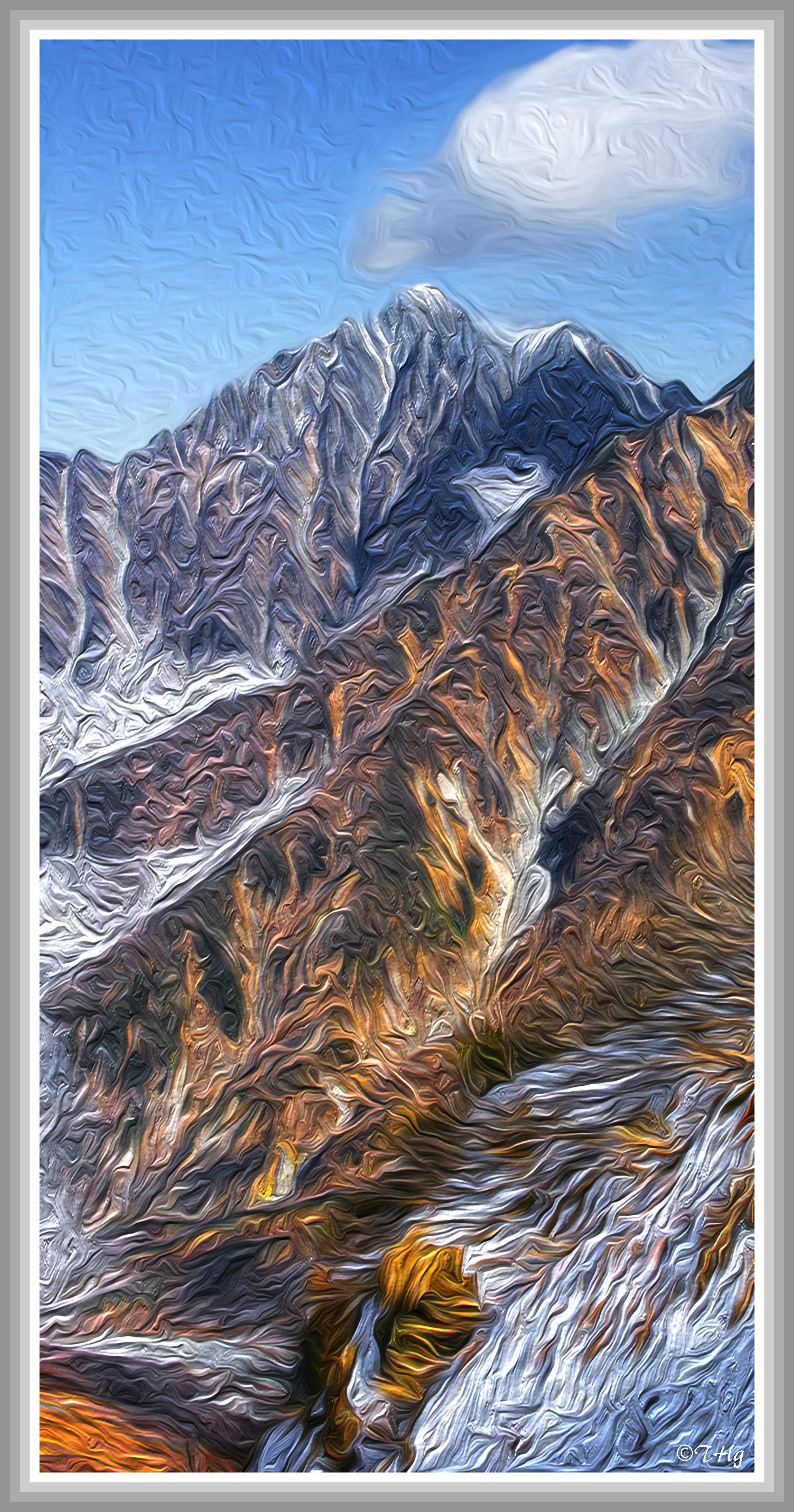 新雪の剱岳2（縦パノラマ・油彩風）｜taka