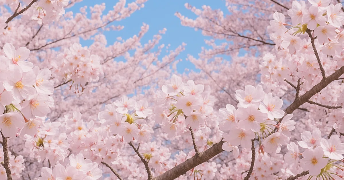 春の青空の下、満開の桜が枝いっぱいに咲き誇っている。
淡いピンクの花びらが光を受けてきらめき、背景の青とのコントラストがまぶしい。
どこか懐かしく、あたたかな思い出がよみがえるような、穏やかな春の情景。