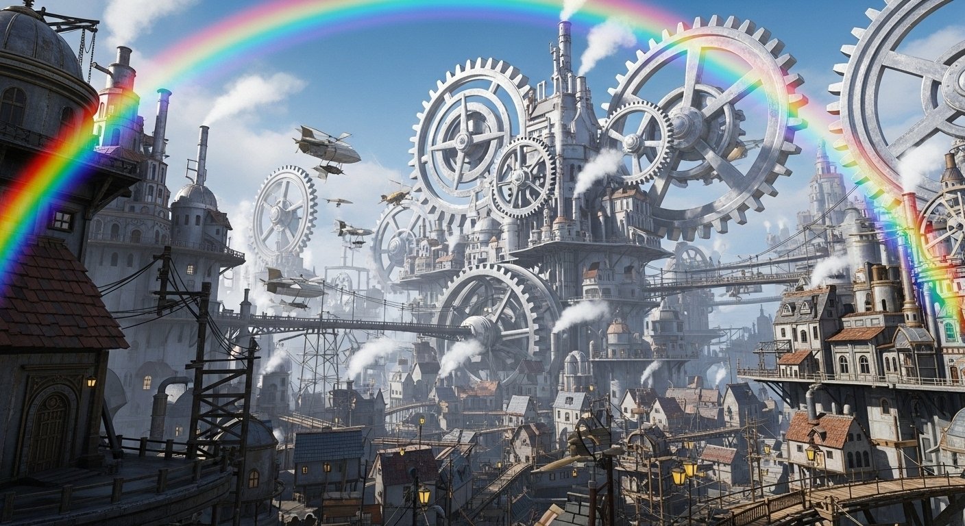 鋼鉄の奇跡】虹の架かる天空都市「クロノス・ギア」の祝祭｜AIイラスト