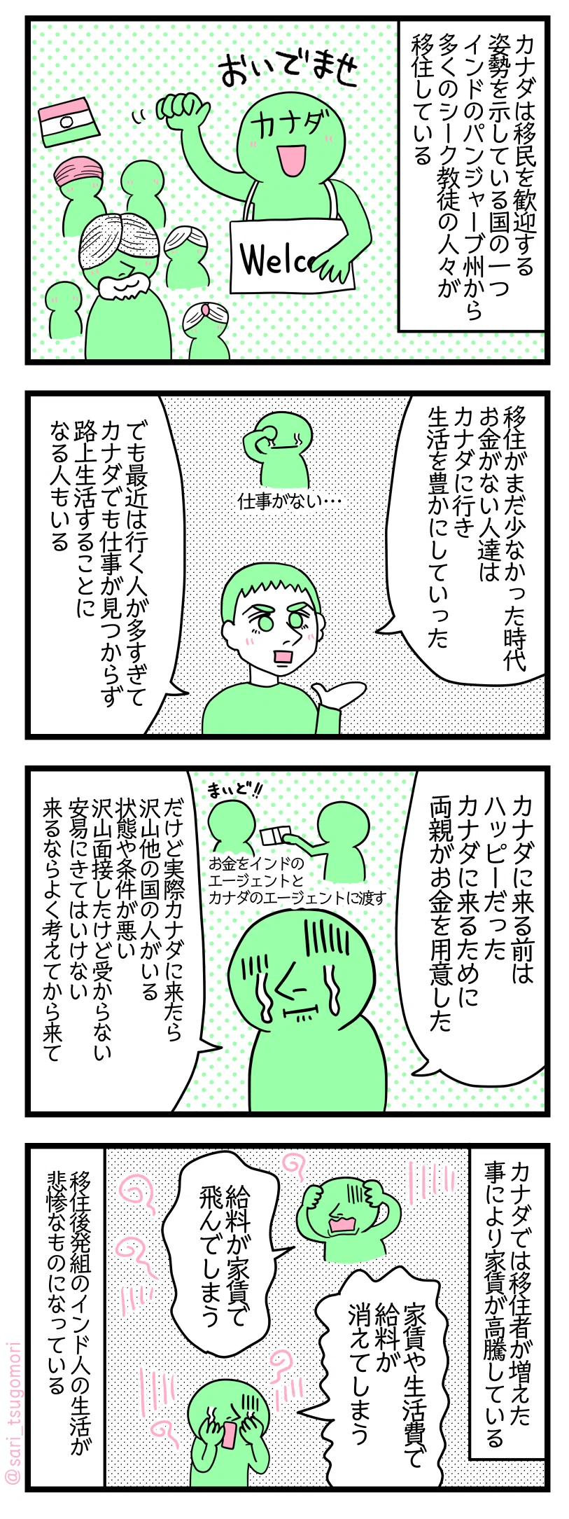 マンガの画像。以下内容テキスト
1: カナダは移民を歓迎する姿勢を示している国の一つである。インドのパンジャーブ州から多くのシーク教徒の人々が移住している。
2: 夫「移住がまだ少なかった時代、お金がない人達はカナダに行き、生活を豊かにしていった。でも最近は行く人が多すぎて、カナダでも仕事が見つからず、路上生活することになる人もいる」
3: あるインド人「カナダに来る前はハッピーだった。ここに来るために両親がお金を用意した」 お金をインドのエージェントとカナダのエージェントに渡す 「だけど実際カナダに来たら沢山他の国の人がいる。状態や条件が悪い。沢山面接したけど受からない。安易にきてはいけない。来るならよく考えてから来て」
4: カナダでは移住者が増えた事により家賃が高騰している。
あるインド人「給料が家賃で飛んでしまう」 あるインド人「家賃や生活費で給料が消えてしまう」 移住後発組のインド人の生活が悲惨なものになっている。