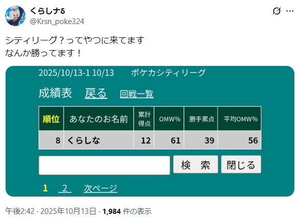 シティリーグ2026 シーズン1 準優勝 宝石リザードン 【ジジイ有