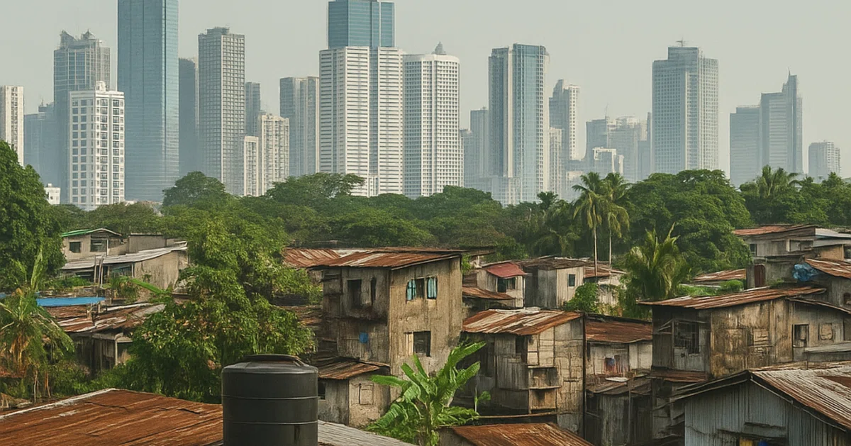フィリピンの都市を遠くから見た風景。手前に古いトタン屋根の家々、奥には高層ビル群が立ち並ぶ。緑の木々が間を隔て、光はやわらかく霞みがかっている。国の経済格差を静かに感じさせる街の遠景。