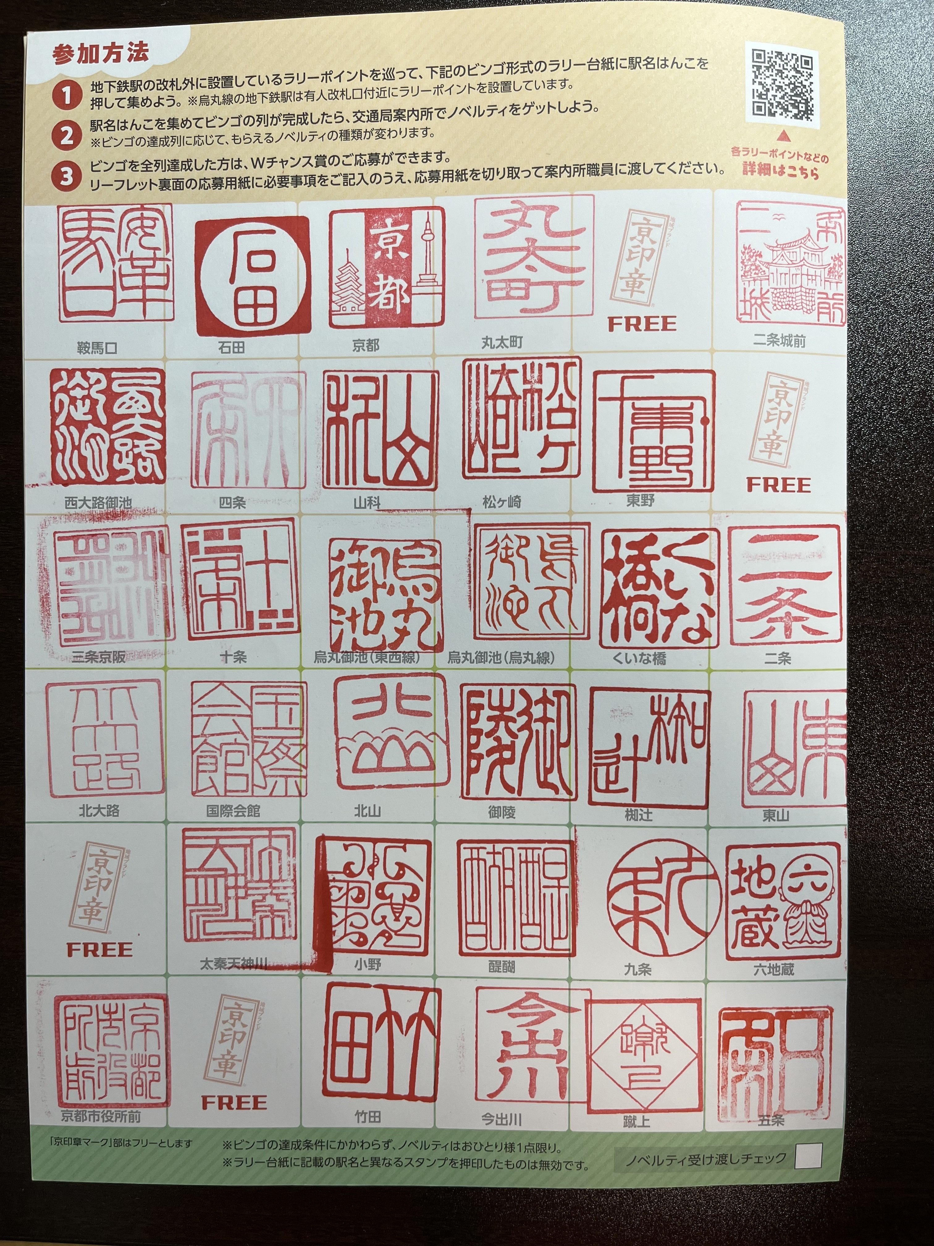京都市営地下鉄 駅名はんこラリー 全駅制覇｜おしょ