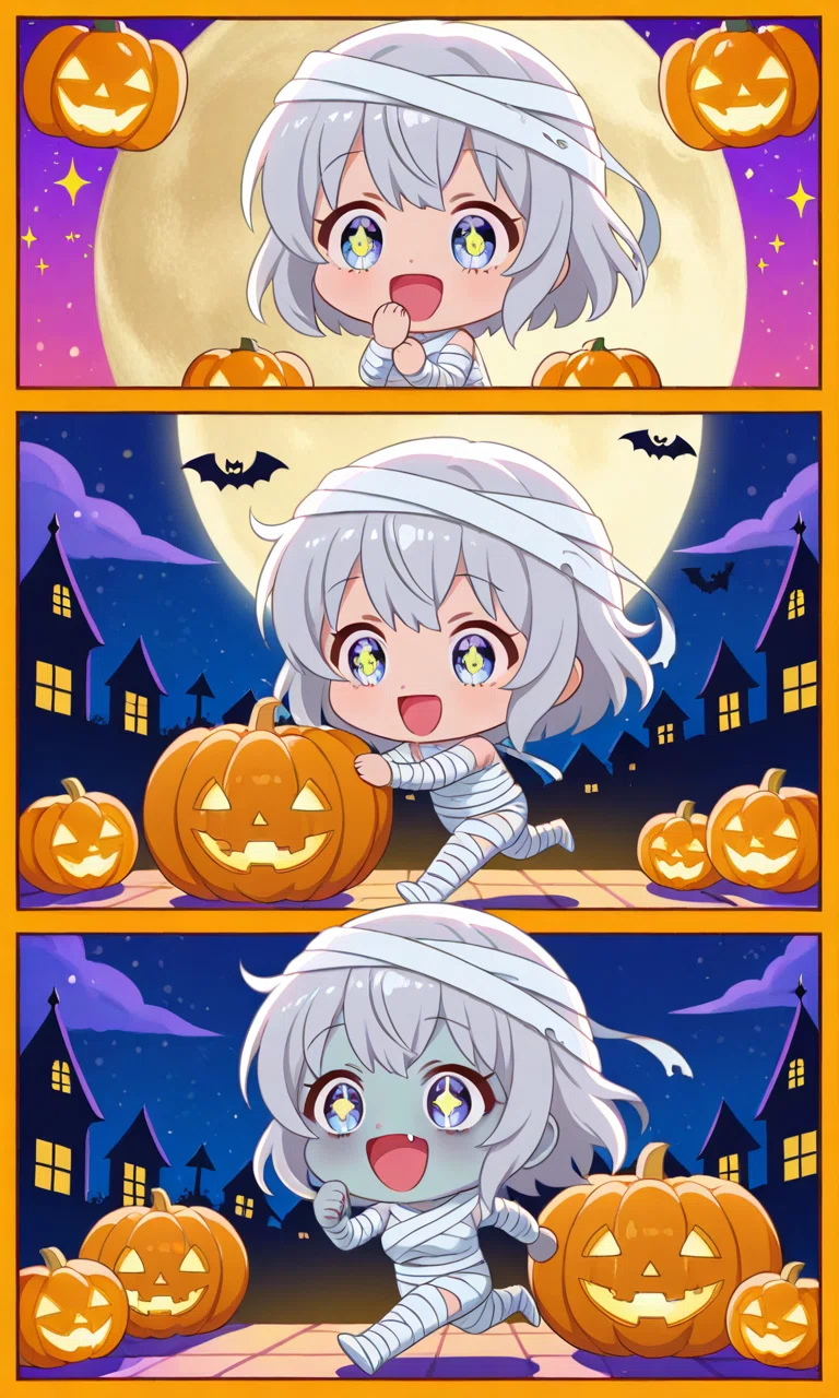 AIイラスト】さまよう創作ハロウィン｜ふくれ面のちびキャラ魔女｜メイシン