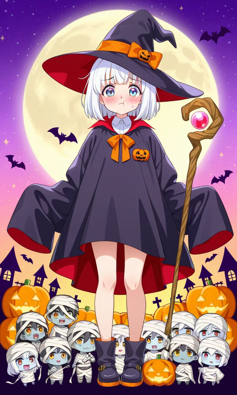 AIイラスト】さまよう創作ハロウィン｜ふくれ面のちびキャラ魔女｜メイシン