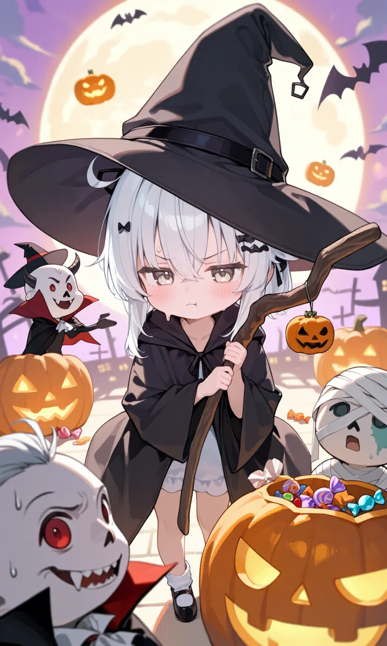 AIイラスト】さまよう創作ハロウィン｜ふくれ面のちびキャラ魔女｜メイシン