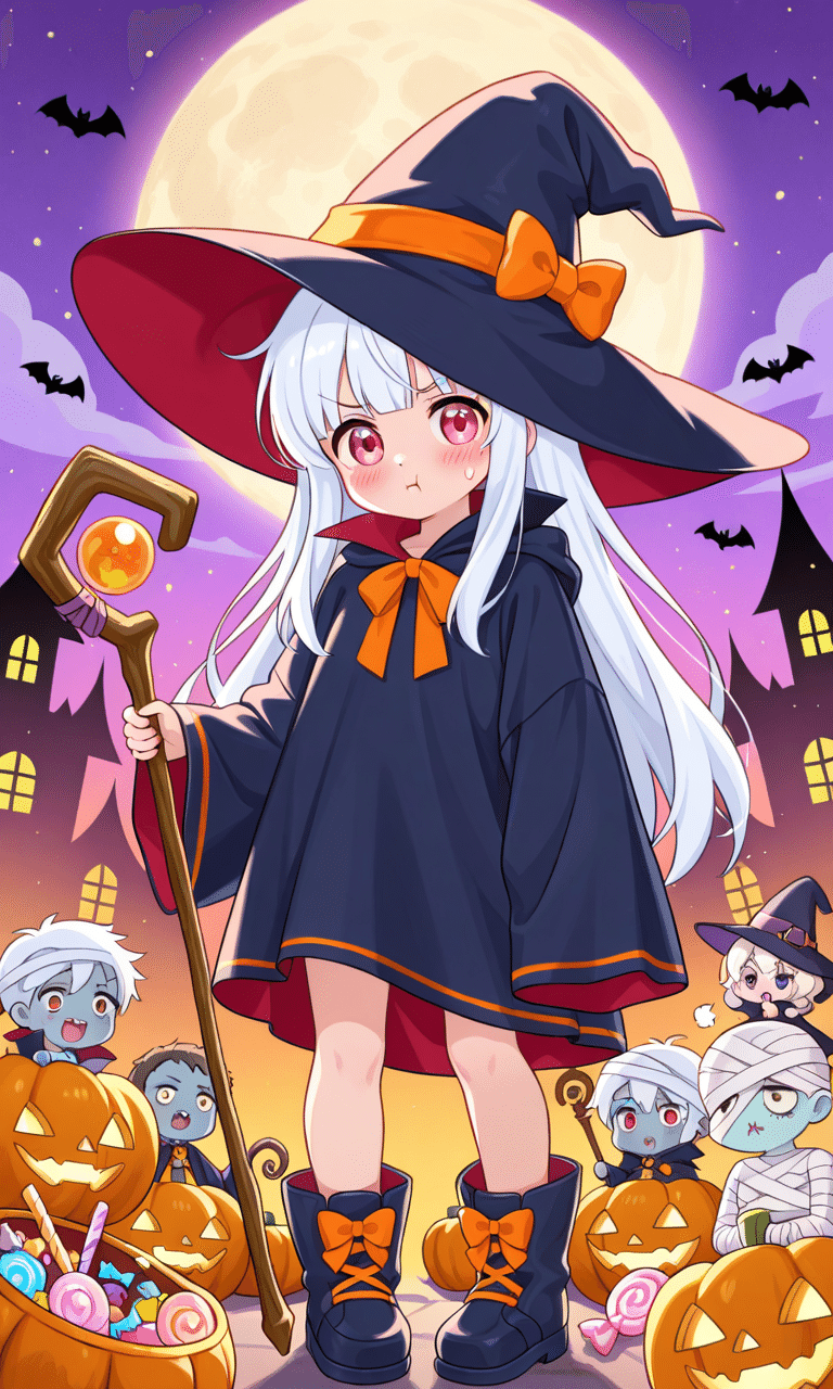 AIイラスト】さまよう創作ハロウィン｜ふくれ面のちびキャラ魔女｜メイシン