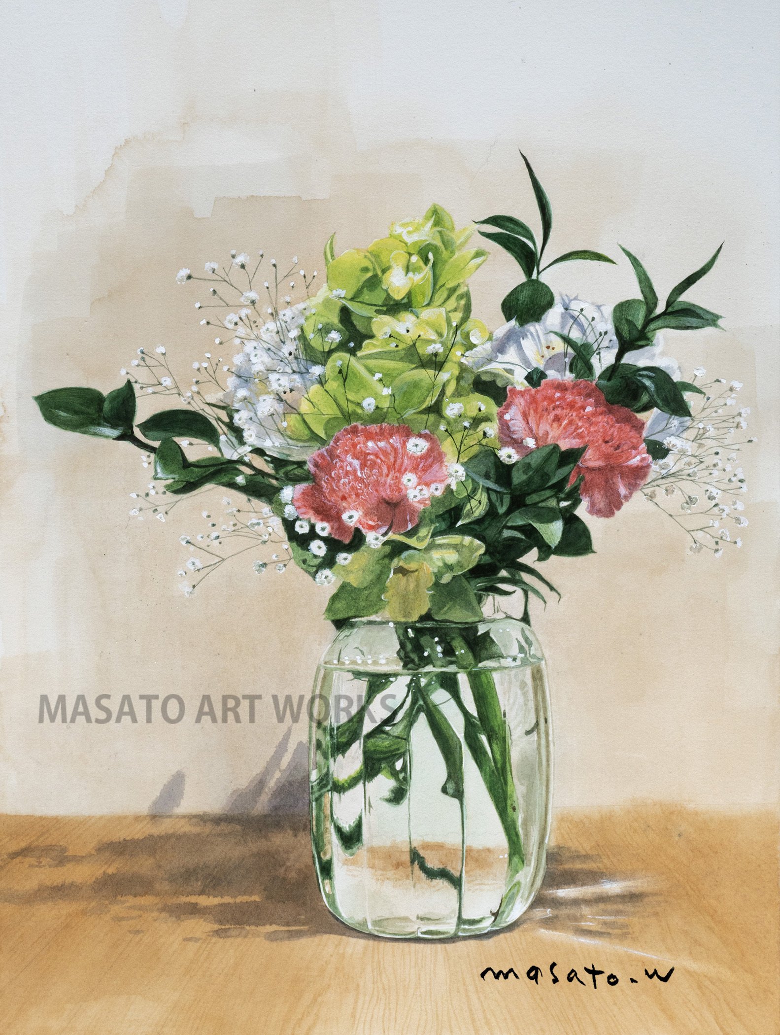 水彩アート「花とガラスの花活けⅢ₋B5」1点物、手描き、真筆。 水彩で描くフラワーアート・・・ガラス器の透明感と可憐な花