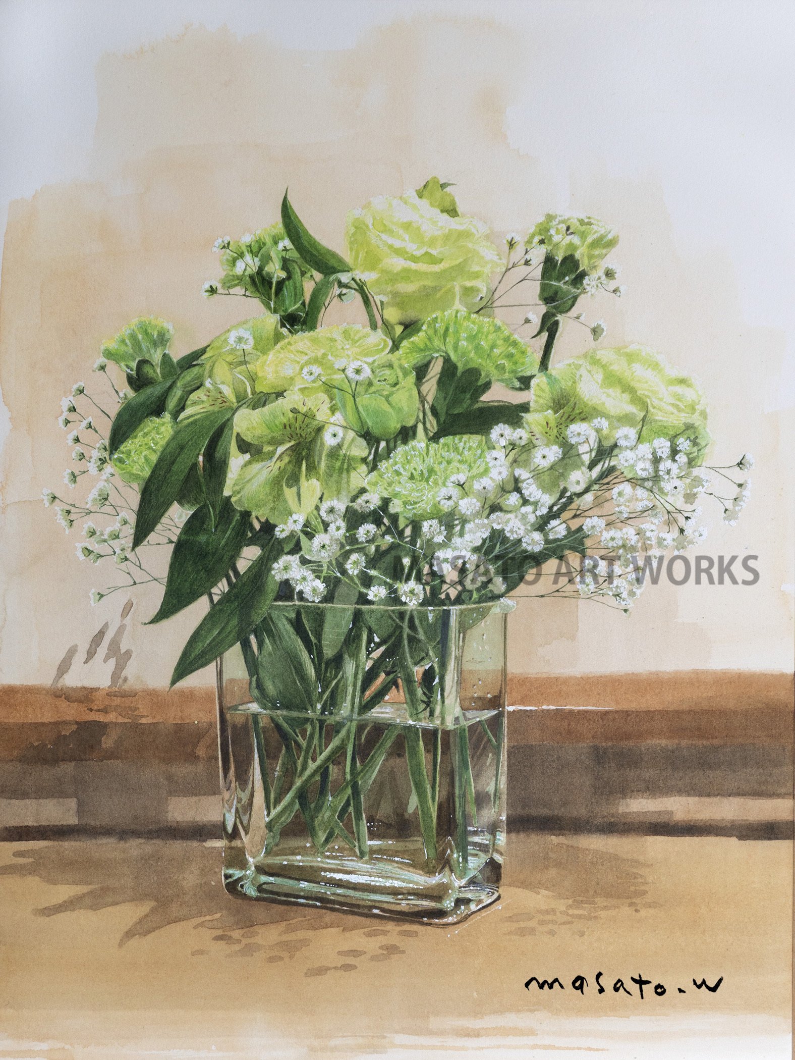 水彩で描くフラワーアート・・・ガラス器の透明感と可憐な花｜MASATO