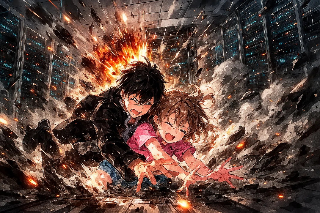 イラスト小説「コードの果て」サーバーの爆発からユナをかばうカイトの画像。「コードの果て」で検索!