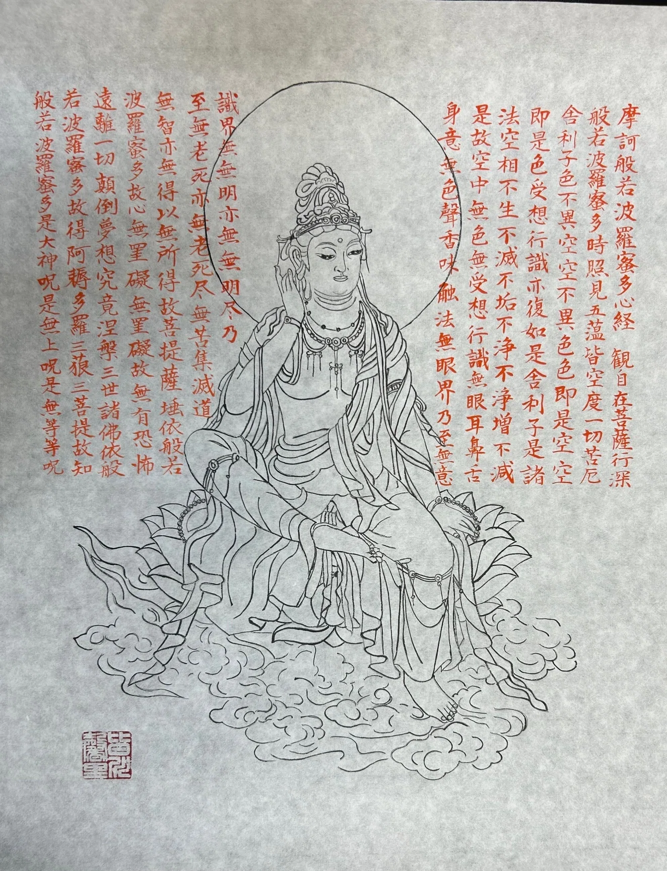 曼荼羅　古仏聖観音　& 般若心経 額縁入り　肉筆　仏画　年代物　珍品 大日如来の背景に三千字般若心経 【仏画曼荼羅アート―佛日寺教室