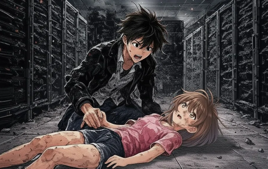 イラスト小説「コードの果て」AIセラフィムのサーバーが爆発後のカイトとユナの画像。「コードの果て」で検索!