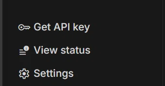 Google AI Studioの設定画面。「Get API Key」ボタンが左下に表示され、APIキー取得の案内テキストが見える。