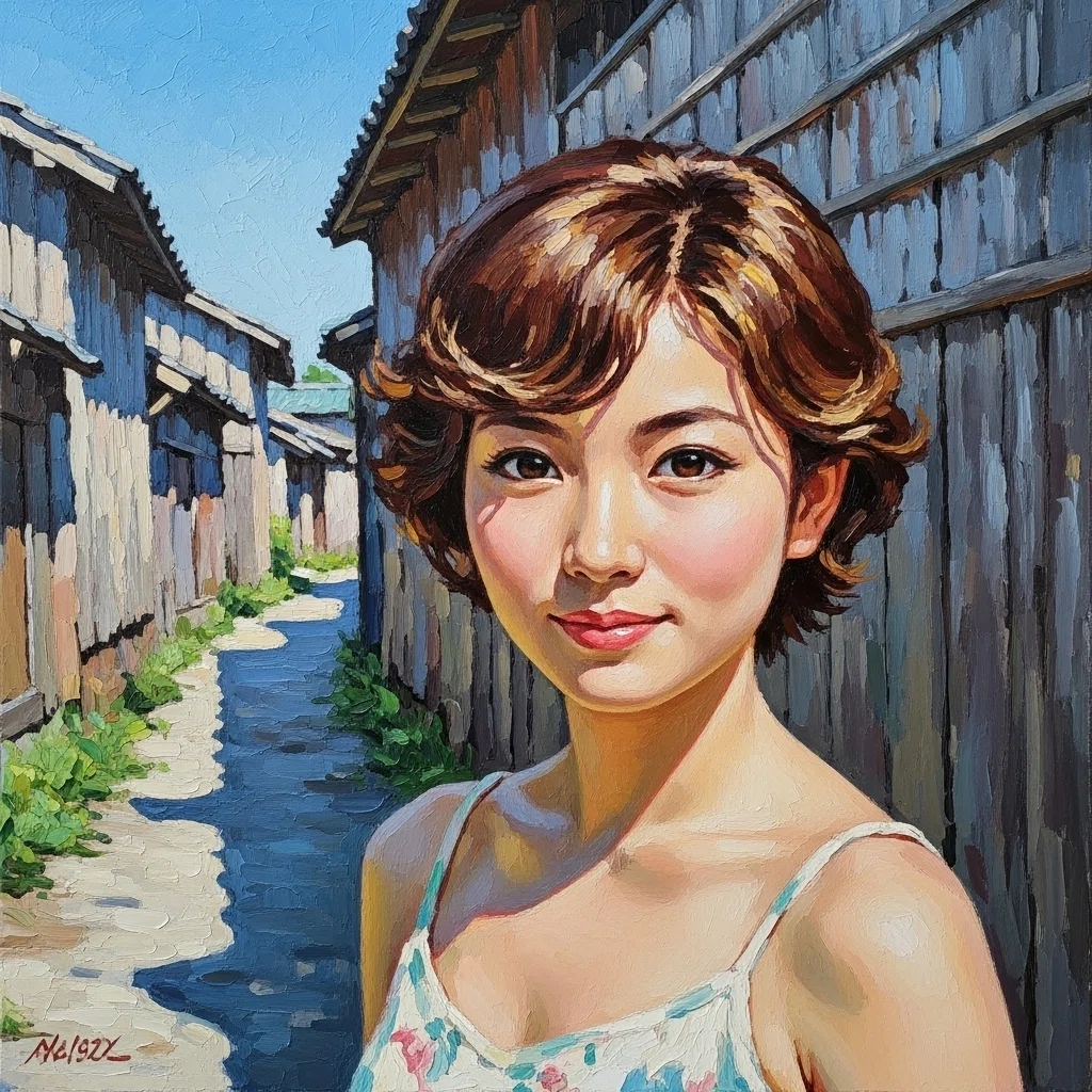 AI画像 de 油彩画（古い壁女子）｜茜町春彦