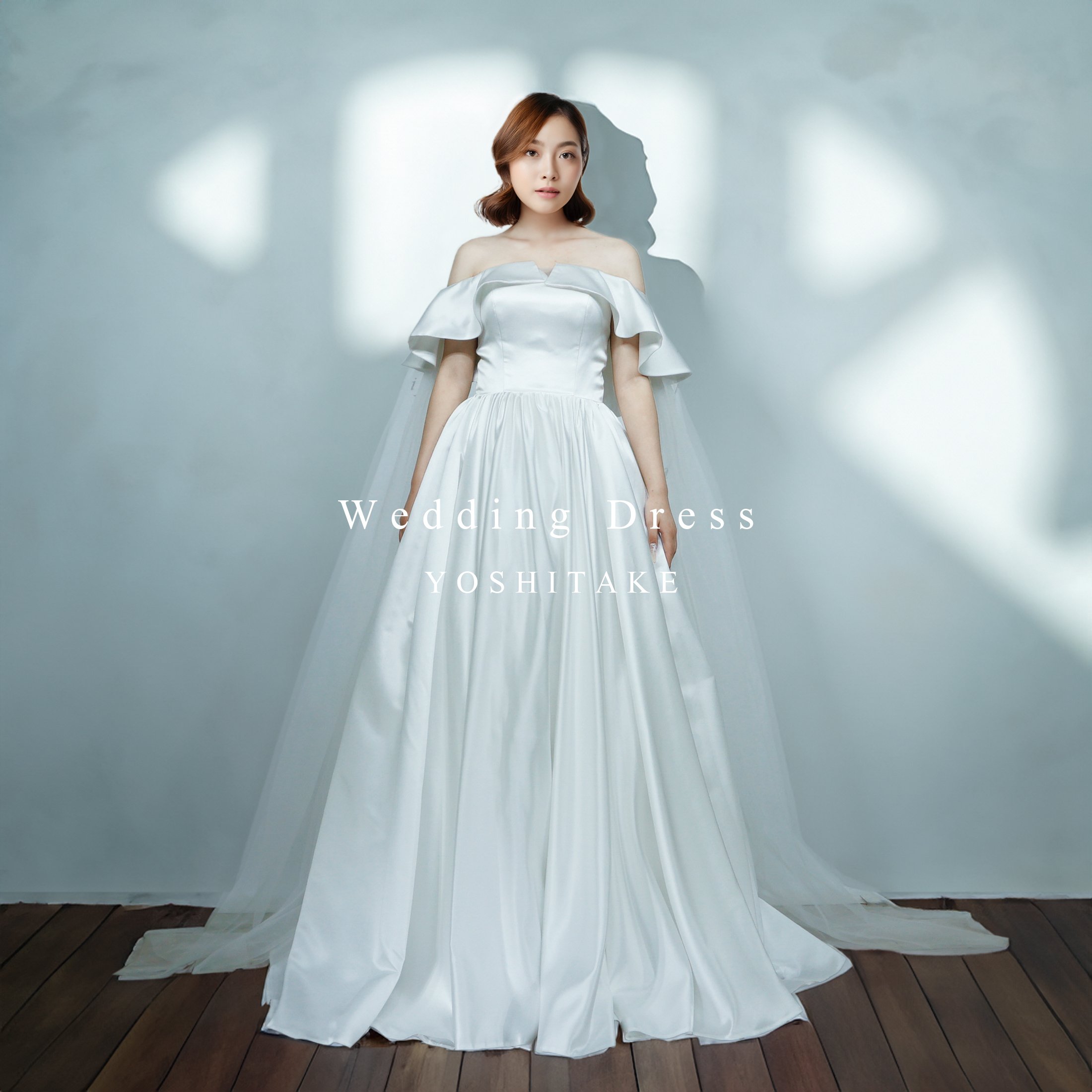 ウエディングドレス.白.サテン.チュール.Aライン.オフショルダー.Y2433