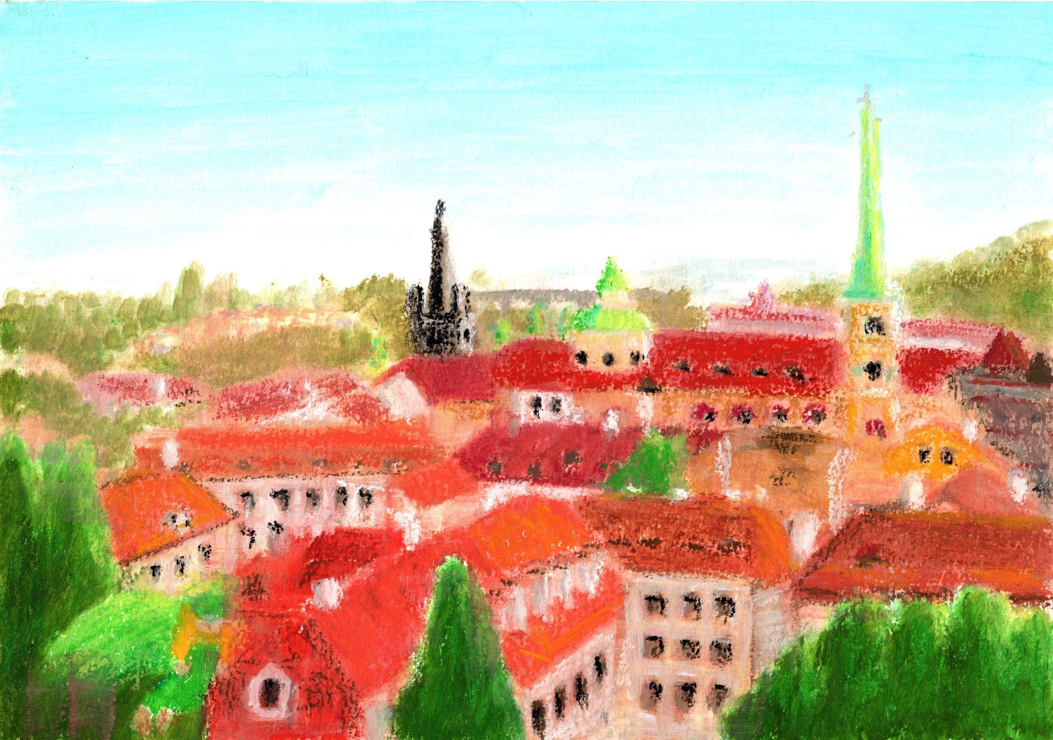 カレンダー用の絵（6）赤い屋根の風景｜碧緑（あおみどり）