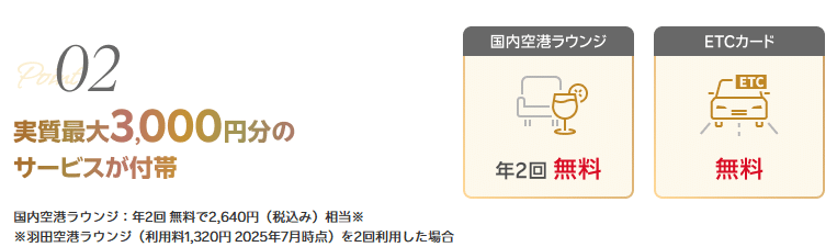 実質最大3,000円相当のサービスが使える（国内空港ラウンジ年2回無料＋ETCカード無料）