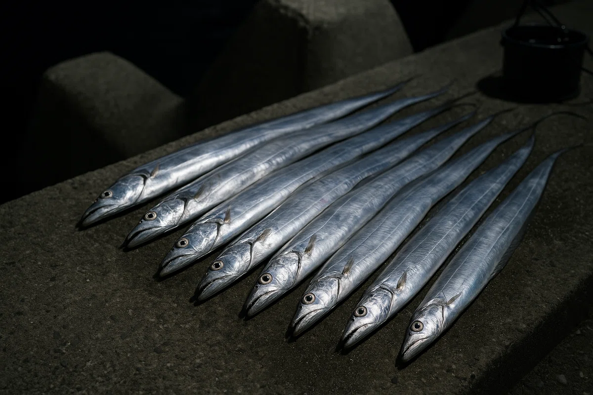 釣れた太刀魚を綺麗に並べた写真