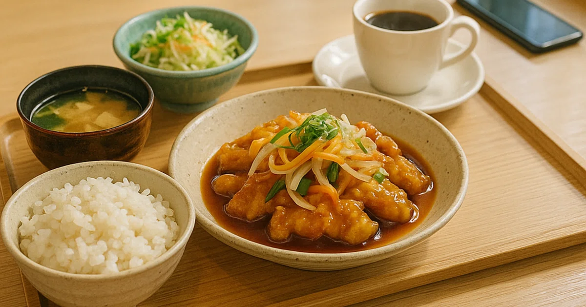 木のテーブルに並ぶ定食。湯気の立つ味噌汁と白いご飯、鱈の甘酢あん、サラダ、コーヒーがトレイに整えられている。やわらかな日差しが差し込む、穏やかな昼下がりの食卓。