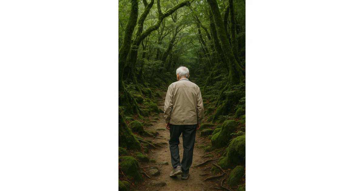 深い緑に包まれた屋久島の森を、白髪の男性が静かに歩いている。苔むした木々の間を進む背中に、旅の時間と静けさが感じられる。